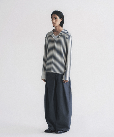 Vintage Stripe Henley Neck Knit Hooded Long Sleeve Top / 2color