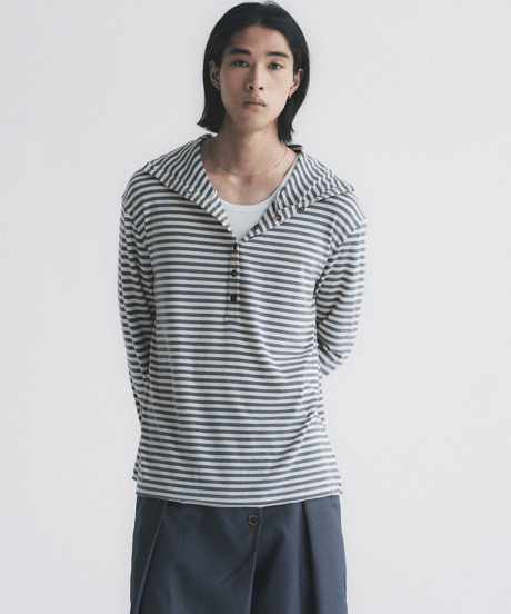 Vintage Stripe Henley Neck Knit Hooded Long Sleeve Top / 2color