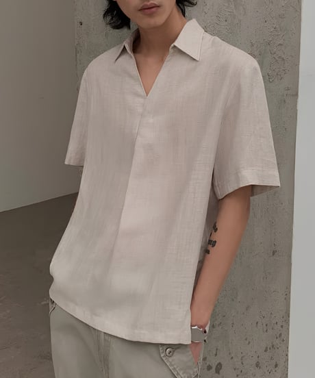 Linen Blend V-Neck Open Collar Loose Shirt  / 2color