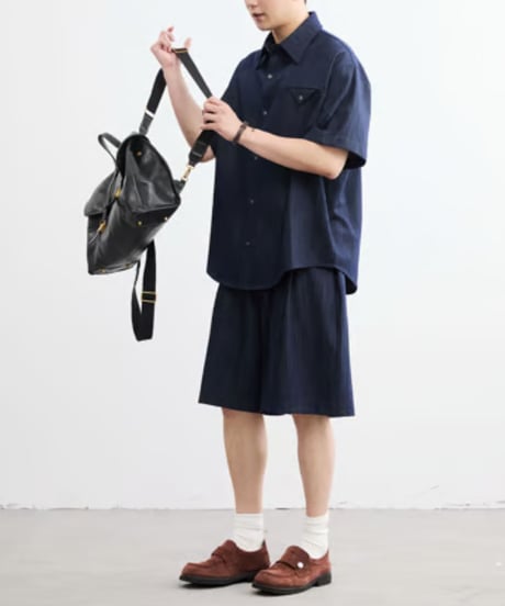 Slab Texture Denim-Like Short Sleeve Shirt