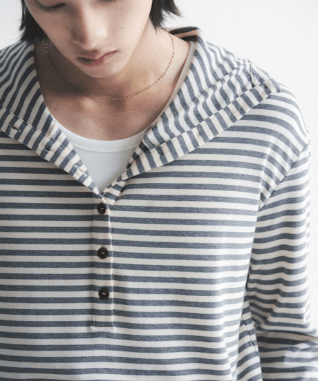 Vintage Stripe Henley Neck Knit Hooded Long Sleeve Top / 2color