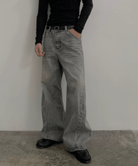 Washed Curved Silhouette Wide Denim Pants