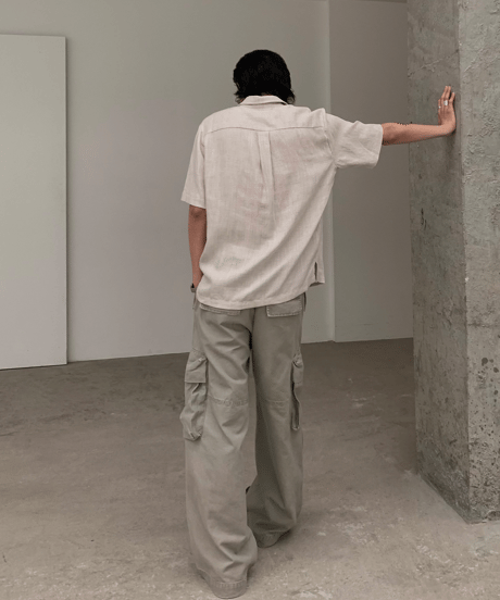 Linen Blend V-Neck Open Collar Loose Shirt  / 2color