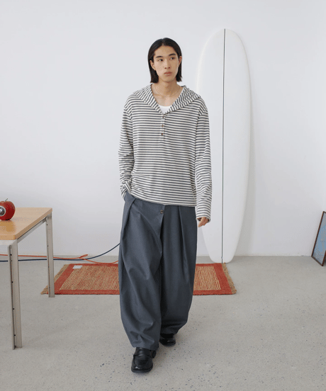 Vintage Stripe Henley Neck Knit Hooded Long Sleeve Top / 2color