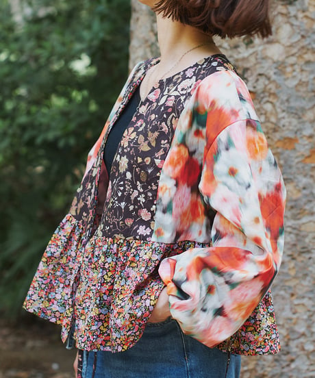 maiando×patternLabel【2ネックカシュクールカーデ】<キット>/<材料セット>ブラックレッド(LIBERTY FABRICS)