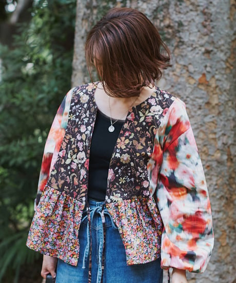maiando×patternLabel【2ネックカシュクールカーデ】<キット>/<材料セット>ブラックレッド(LIBERTY FABRICS)