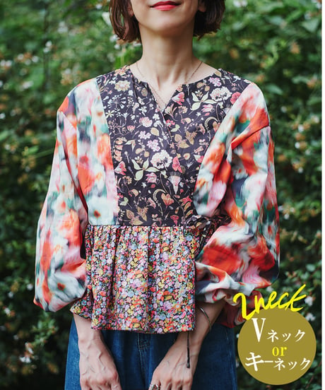 maiando×patternLabel【2ネックカシュクールカーデ】<キット>/<材料セット>ブラックレッド(LIBERTY FABRICS)