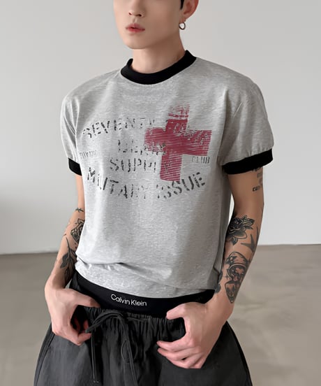 ミリタリークロスグラフィック リンガーTシャツ / 2color