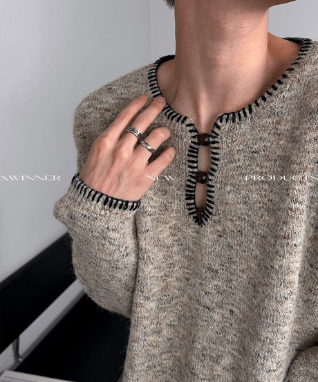 キーネック ステッチ ニット セーター / 2color