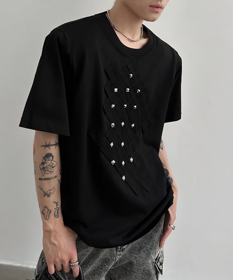キルティングクロススタッズルーズ半袖Tシャツ / 2color