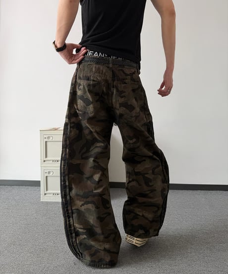 サイドライン カモフラ ルーズワークパンツ