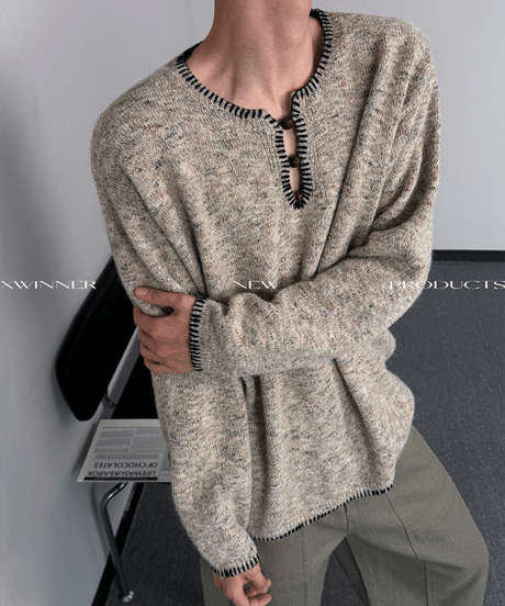 キーネック ステッチ ニット セーター / 2color