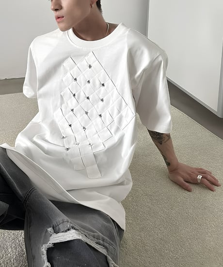 キルティングクロススタッズルーズ半袖Tシャツ / 2color