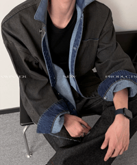フェイクレザー 襟切替 デニム カバーオール ジャケット