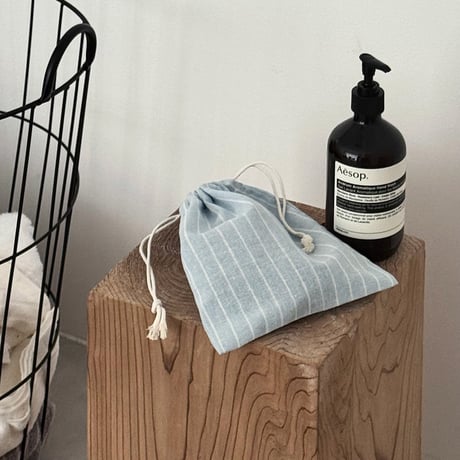 pouch-03008　Cotton-linen stripe drawstring pouch set of Set of 3 S/M/L