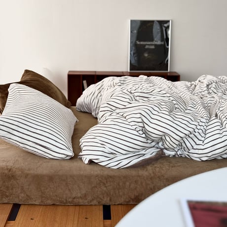 beddingsets-03213　Warm Thick Fiber Brushed Stripe Bedding Set (White/Brown)