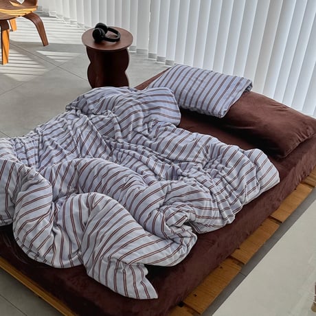 beddingsets-03206　Warm Thick Fiber Brushed Double Stripe Bedding Set (Light Blue×Brown)