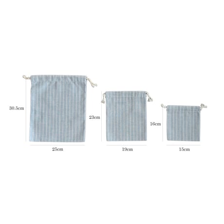 pouch-03008　Cotton-linen stripe drawstring pouch set of Set of 3 S/M/L