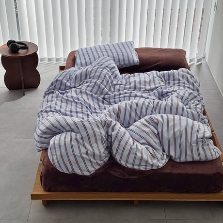beddingsets-03206　Warm Thick Fiber Brushed Double Stripe Bedding Set (Light Blue×Brown)