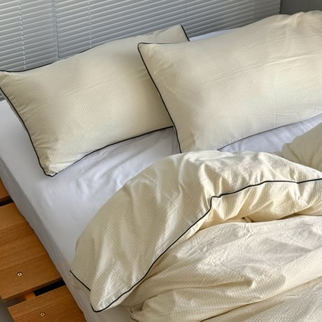 beddingsets-03198　Black Piping White×Yellow Stripe Duvet Cover Set