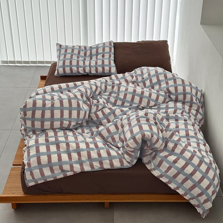 beddingsets-03203　Light Blue×Mauve Brown Grid Design Duvet Cover Set