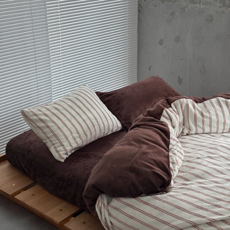 beddingsets-03207　Warm Thick Fiber Brushed Double Stripe Bedding Set (Mint Ice×Clay Brown)