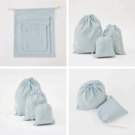 pouch-03008　Cotton-linen stripe drawstring pouch set of Set of 3 S/M/L