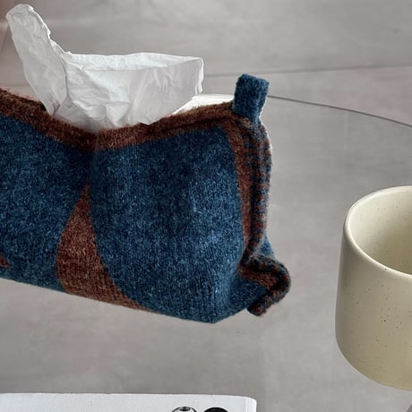 tissuebox-03096　Geometric Pattern Blue×Brown Knit Tissue Case