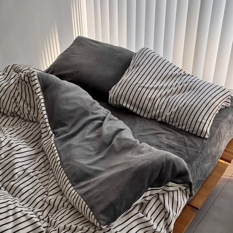 beddingsets-03208　Warm Thick Fiber Brushed Stripe Bedding Set (White×Brown)