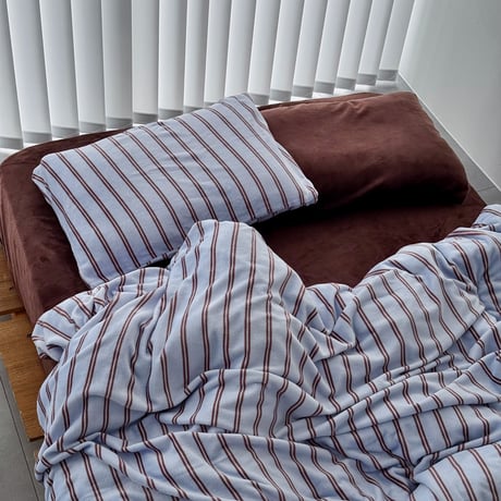 beddingsets-03206　Warm Thick Fiber Brushed Double Stripe Bedding Set (Light Blue×Brown)