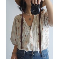 Indian cotton stripe gathered neck ribbon blouse