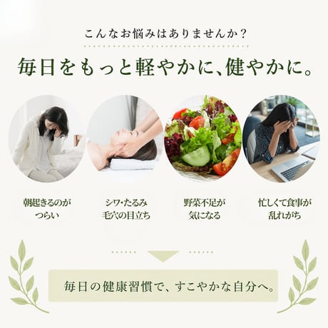 YOGAGREENーヨガグリーンー　1日1包で美肌・美髪を徹底サポート！お悩み例【疲労・毛穴の開き・たるみ・シワ・髪質・抜け毛・切れ毛】