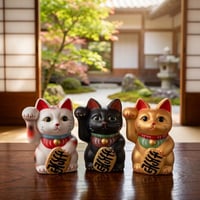縁起物 招き猫 那智黒石 右手上げ 大 左手上げ 小 2種セット 手磨き