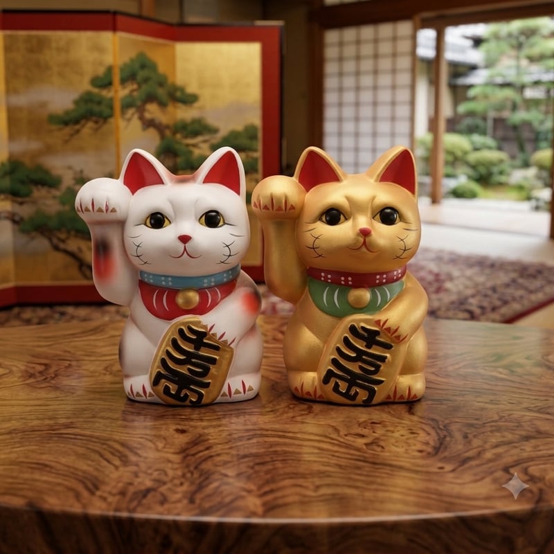 縁起物 招き猫 白猫 金猫 右手上げ 貯金箱 金運招福 商売繁盛 縁起置物
