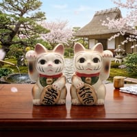 縁起物 招き猫 那智黒石 右手上げ 大 左手上げ 小 2種セット 手磨き