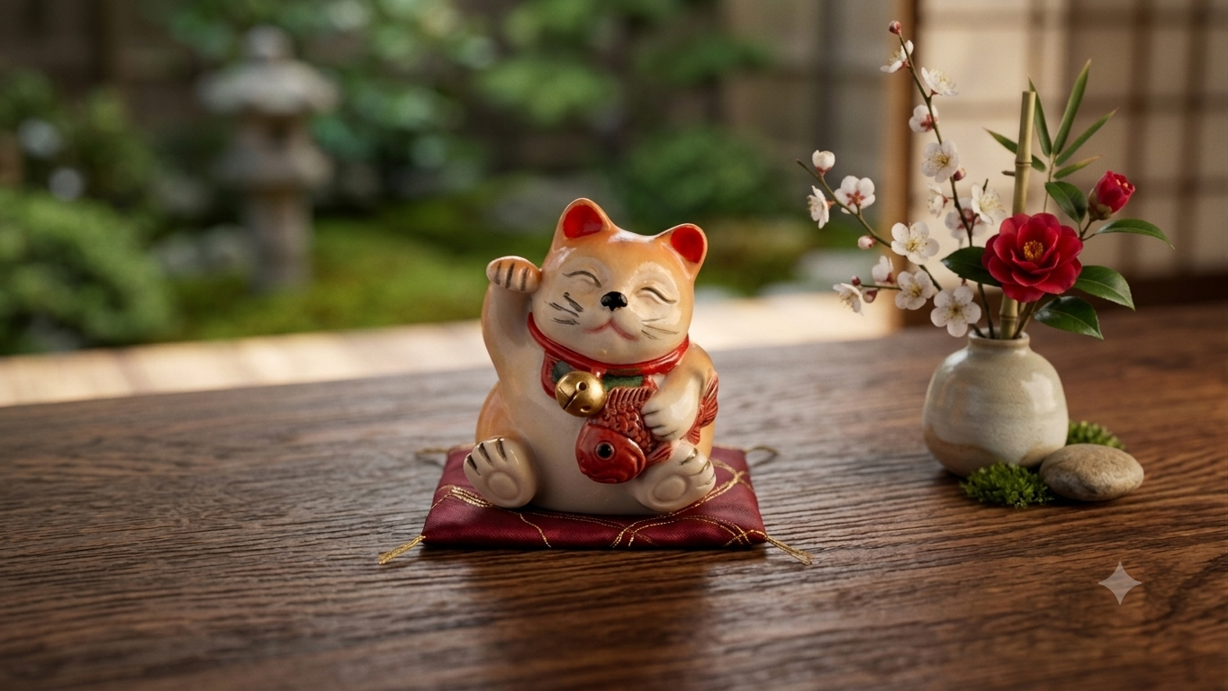 縁起物 恵比寿 招き猫 七福猫 茶トラ猫 鯛 陶器製 置物 商売繁盛