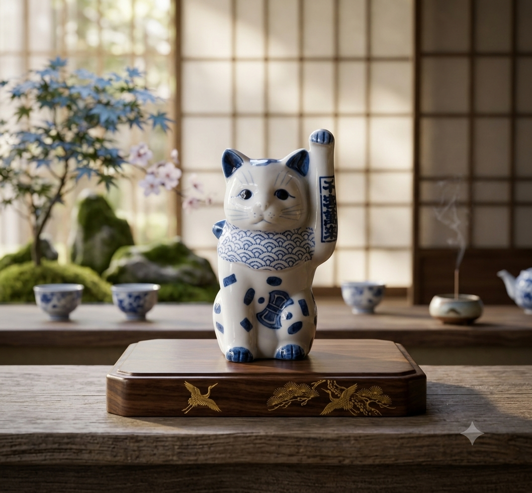 縁起物 招き猫 置物 陶器 染付招き猫 4寸 手長 左手上げ 瀬戸焼