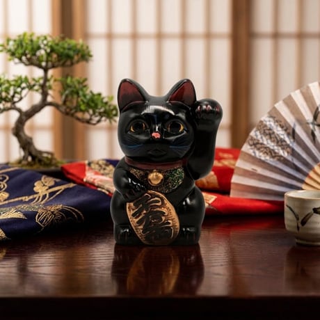 招き猫 貯金箱 縁起物 瀬戸焼 左手上げ 千万両 日本製 レトロ招猫 黒