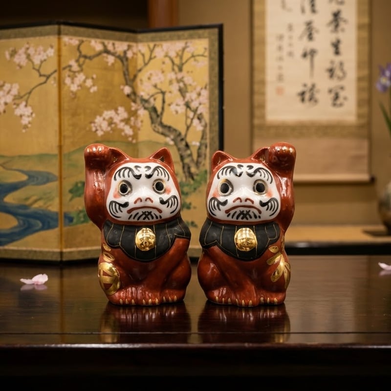 縁起物 九谷焼 招きだるま猫 2体ペア 置物 開運 商売繁盛 日本製