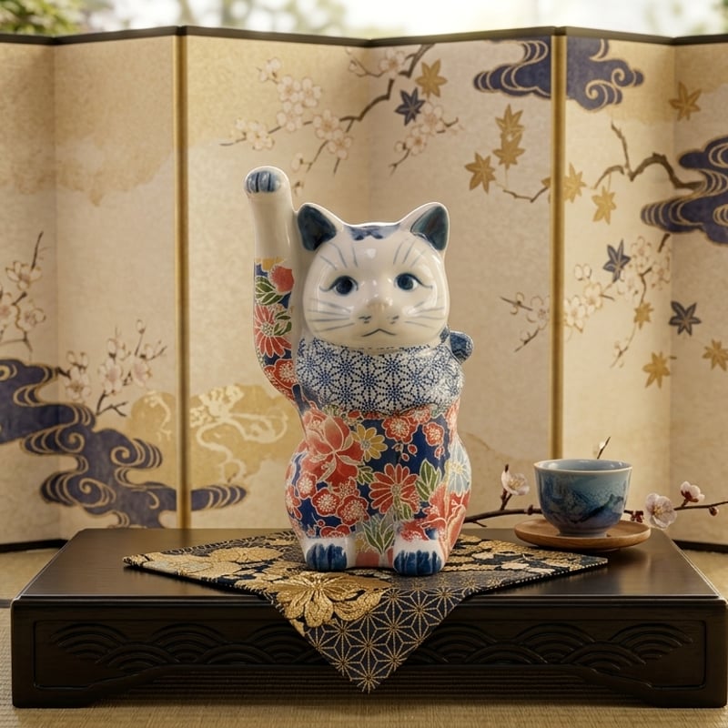 縁起物 招き猫 置物 陶器 華やか 花柄 唐草 染付 右手上げ 千客万来 魔