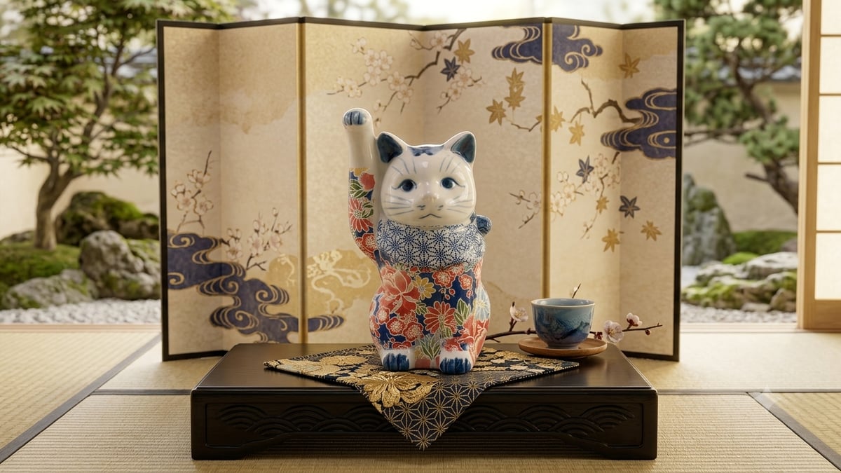 縁起物 招き猫 置物 陶器 華やか 花柄 唐草 染付 右手上げ 千客万来 魔