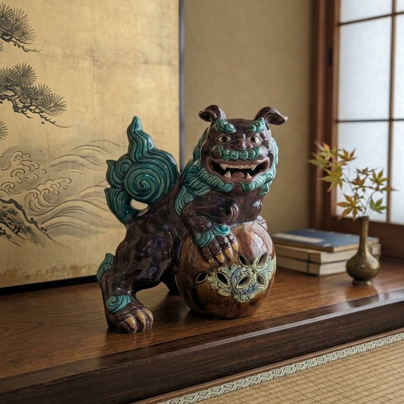 縁起物 九谷焼 玉乗り獅子 置物 魔除け 陶器 時代物 玉獅子 | よしつね