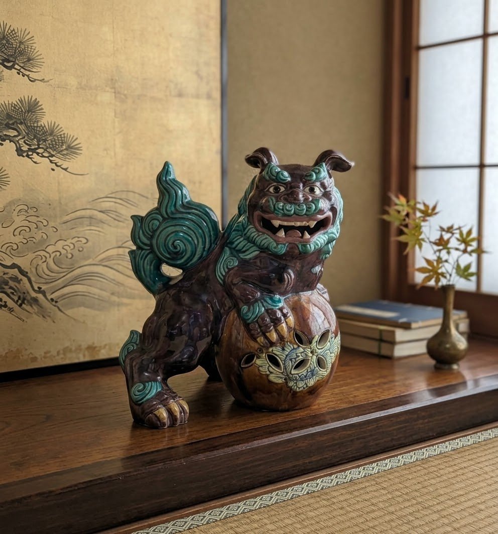 縁起物 九谷焼 玉乗り獅子 置物 魔除け 陶器 時代物 玉獅子 | よしつね