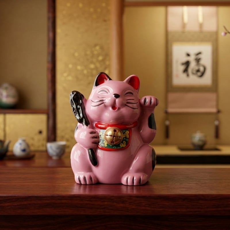 縁起物 福禄寿 招き猫 七福猫 ピンク ぶち猫 杖 陶器製 置物 健康長寿