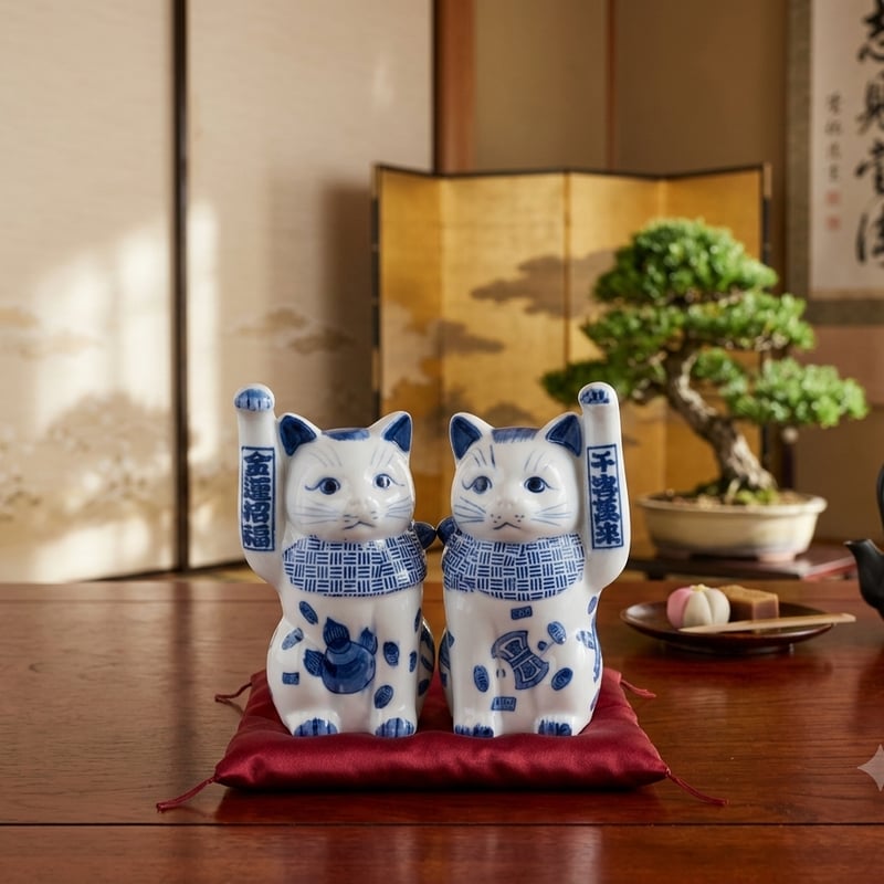 縁起物 招き猫 置物 陶器 染付招き猫 4寸 手長 右手上げ 左手上げ 瀬戸