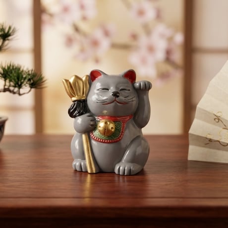 縁起物 毘沙門天 招き猫 七福猫 宝棒 グレー 陶器製 置物 魔除け 勝負