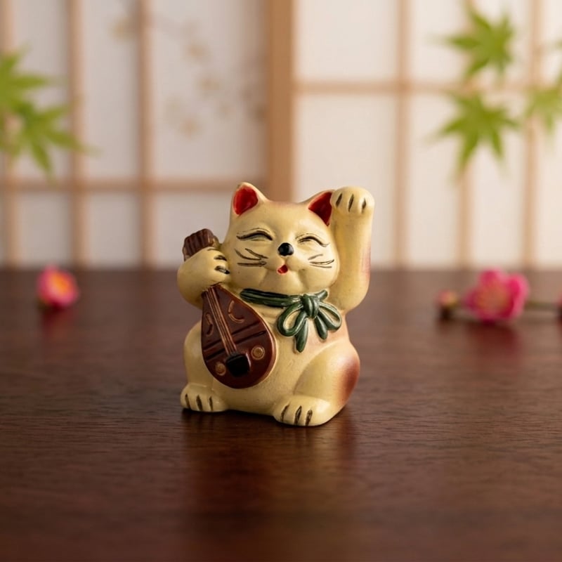 縁起物 弁財天 招き猫 七福猫 琵琶 陶器製 置物 商売繁盛 財運 金運