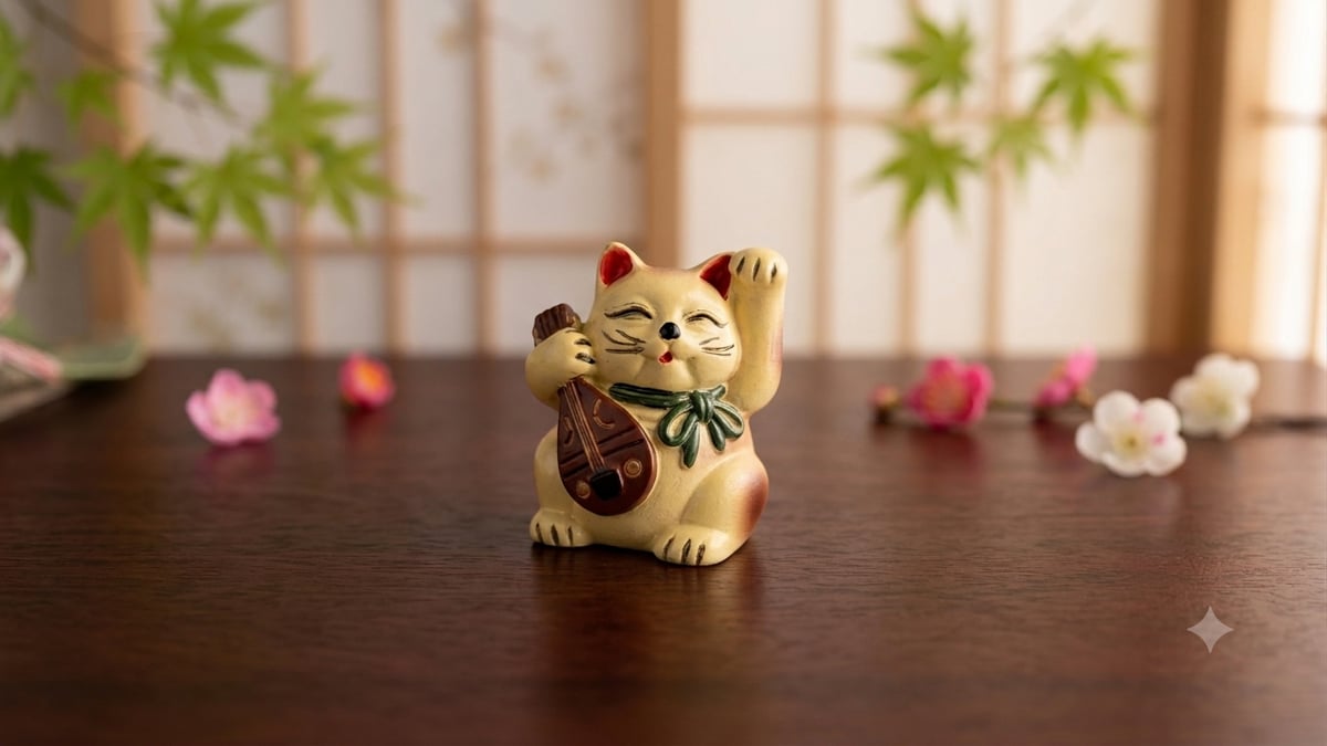 招き猫 三匹陶器製 置物 縁起物 レトロ　千万両　福 縁起物 弁財天 招き猫 七福猫 琵琶 陶器製 置物 商売繁盛 財運 金運