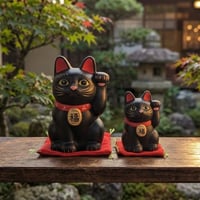 縁起物 福まねき猫 招き猫 置物 黒猫 左手上げ 座布団付き 大 小 開運