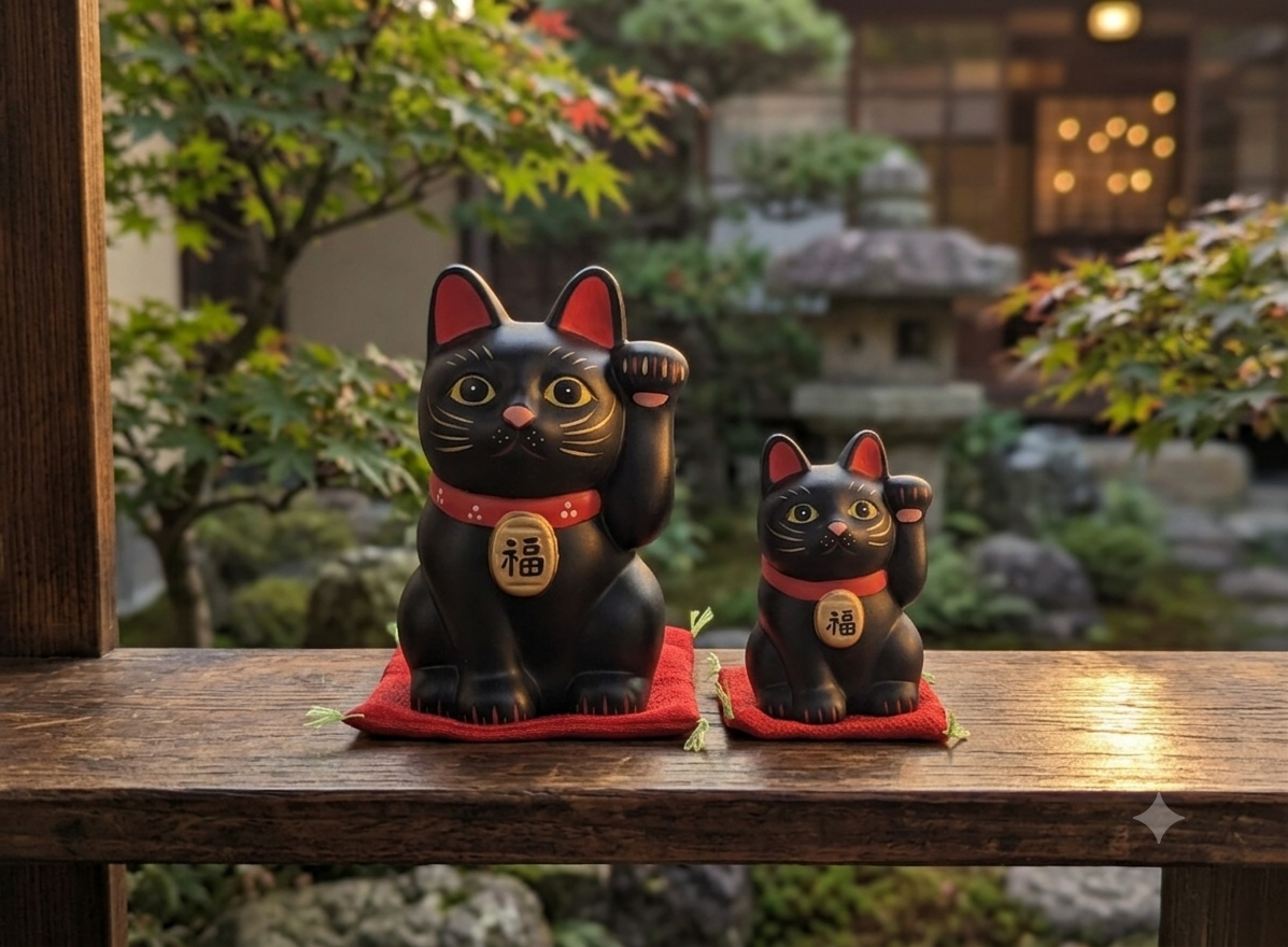招き猫　左手上げ　黒ネコ　開運招福　千客万来　魔除け　縁起物　アンティーク 縁起物 福まねき猫 招き猫 置物 黒猫 左手上げ 座布団付き 大 小 開運